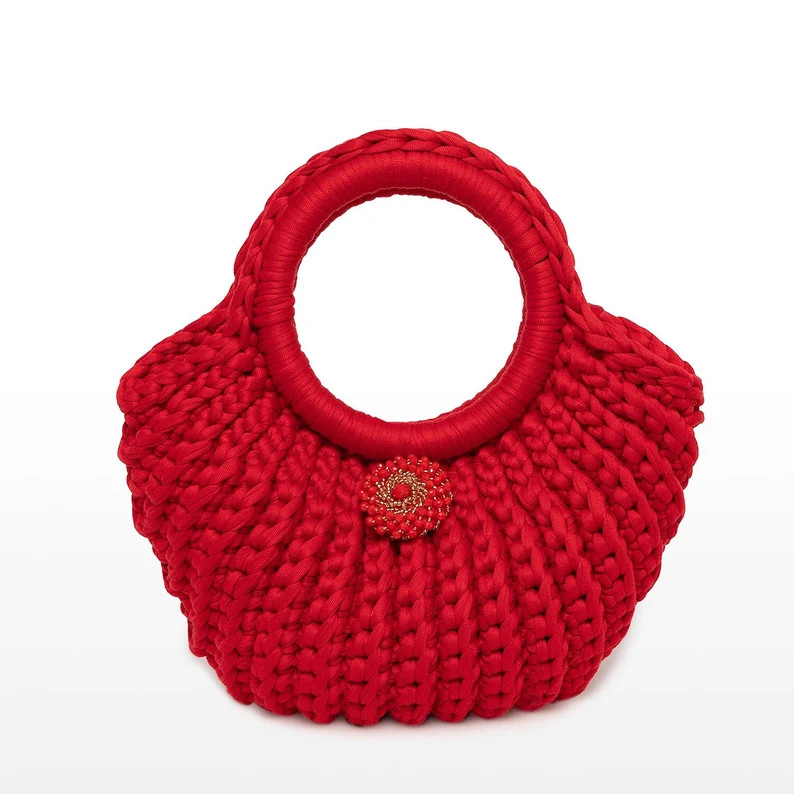 Red Crochet Top Handle Evening Bag Soft Chunky Yarn - Etsy UK | Etsy (Global)