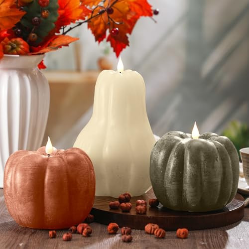 Baquler 3 Pcs Halloween Pumpkin Flameless Candle LED Farmhouse Rustic Thanksgiving Wax Flickering Candle Decorations Gifts for Autumn Fall Harvest Holiday Table | Amazon (US)