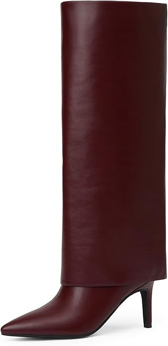Knee High Boots Women Fold Over Boots Pointed Toe Stiletto Heel Long Shark Tall Boots with Zipper | Amazon (US)
