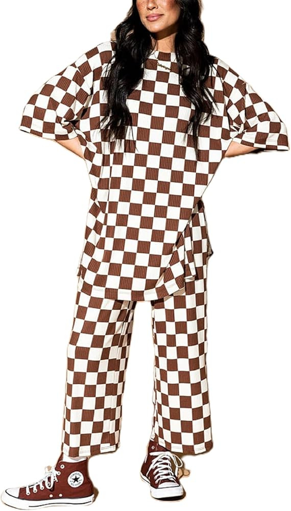 NUFIWI Women’s Two Piece Lounge Outfits Oversized Short Sleeve Shirt Top Wide Leg Crop Pants Se... | Amazon (US)