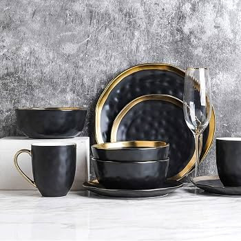 Stone Lain Porcelain 16 Piece Dinnerware Set, Service for 4, Black and Golden Rim | Amazon (US)
