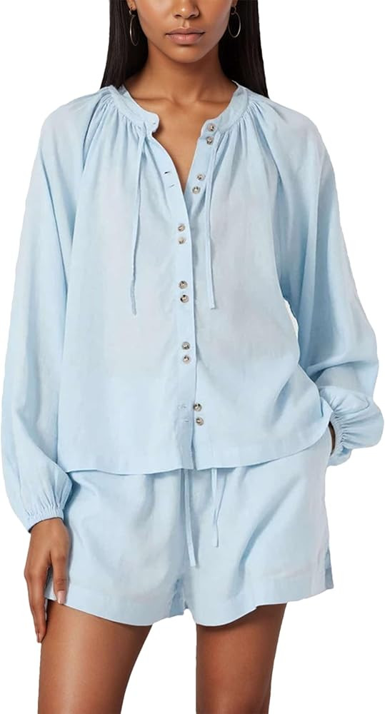 Wanzetaly Women's Oversized 2 Piece Sets Long Sleeve Button Down Shirt Matching Shorts Sets Sprin... | Amazon (US)
