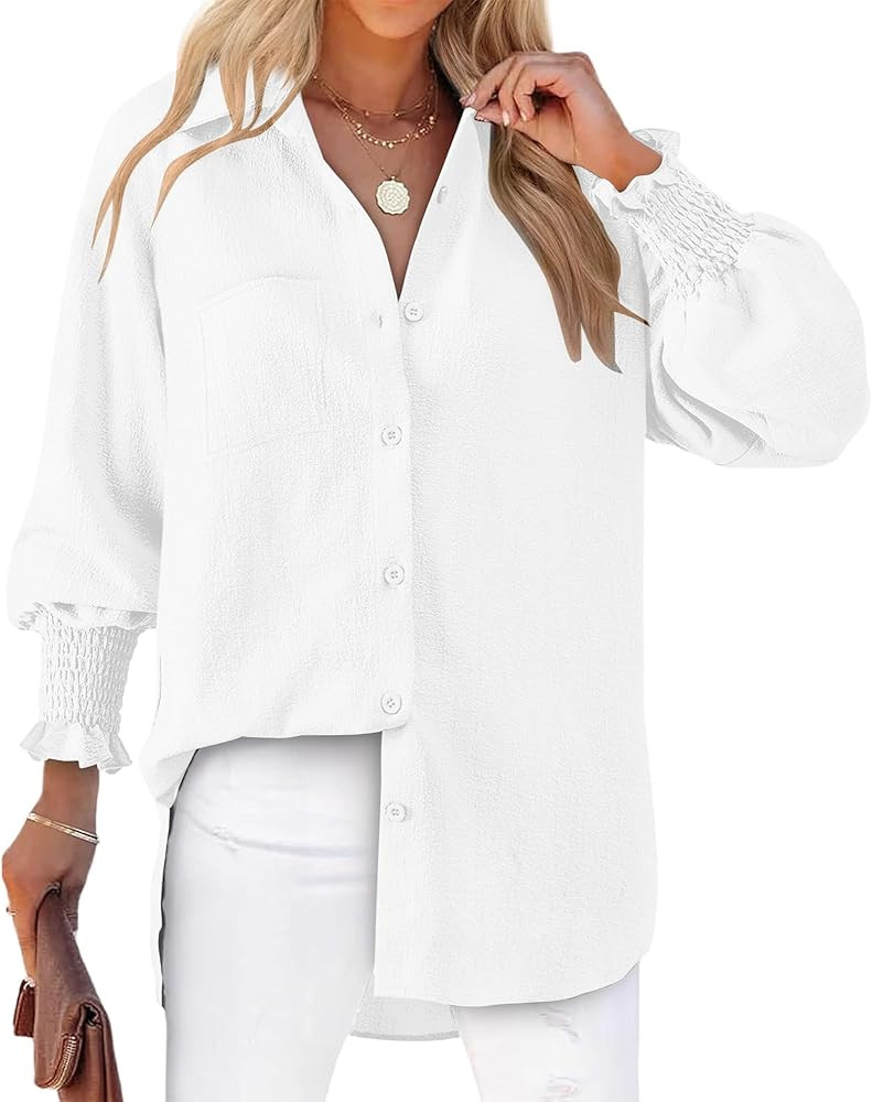 Womens Striped Button Down Shirts Smocked Puff Sleeve Boyfriend Blouse Collar Oversized Work Tops... | Amazon (US)