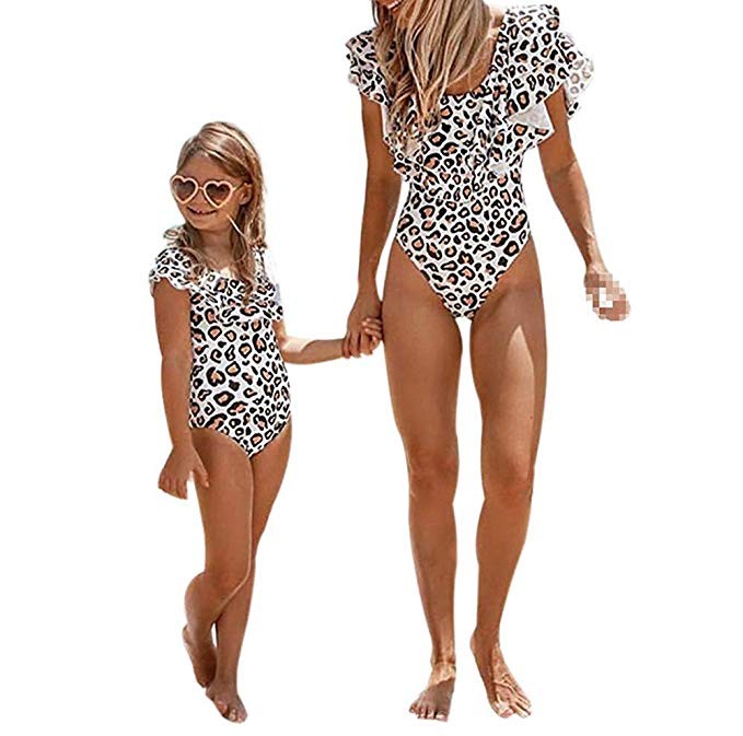 Mommy and Me Swimsuits Leopard Ruffles Swimwear Mother Daughter Monikini Bathing Suit | Amazon (US)