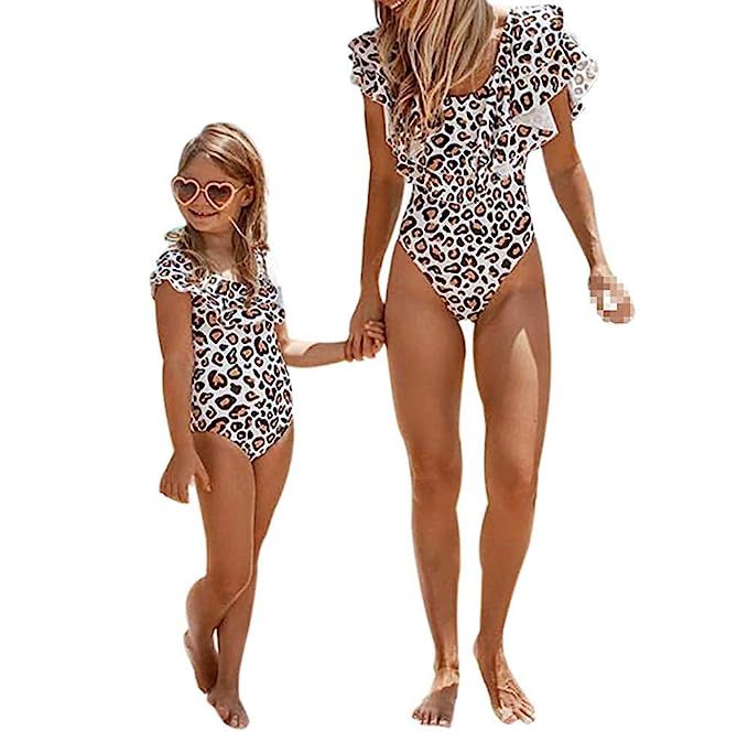Mommy and Me Swimsuits Leopard Ruffles Swimwear Mother Daughter Monikini Bathing Suit | Amazon (US)
