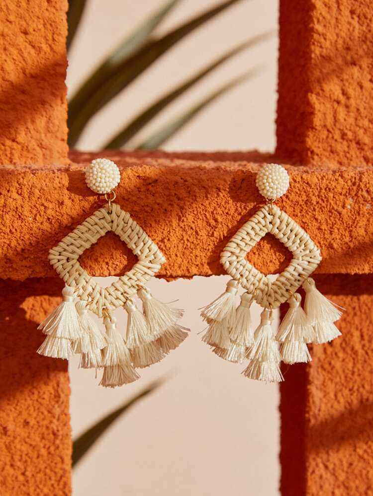 Tassel Decor Wooden Geometric Earrings | SHEIN