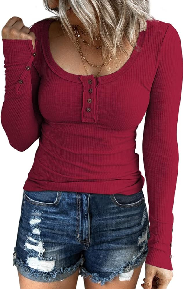 Kissfix Women's Long Sleeve Tops Casual Fall Henley Shirts Button Down Blouses Basic Ribbed Knit T S | Amazon (US)