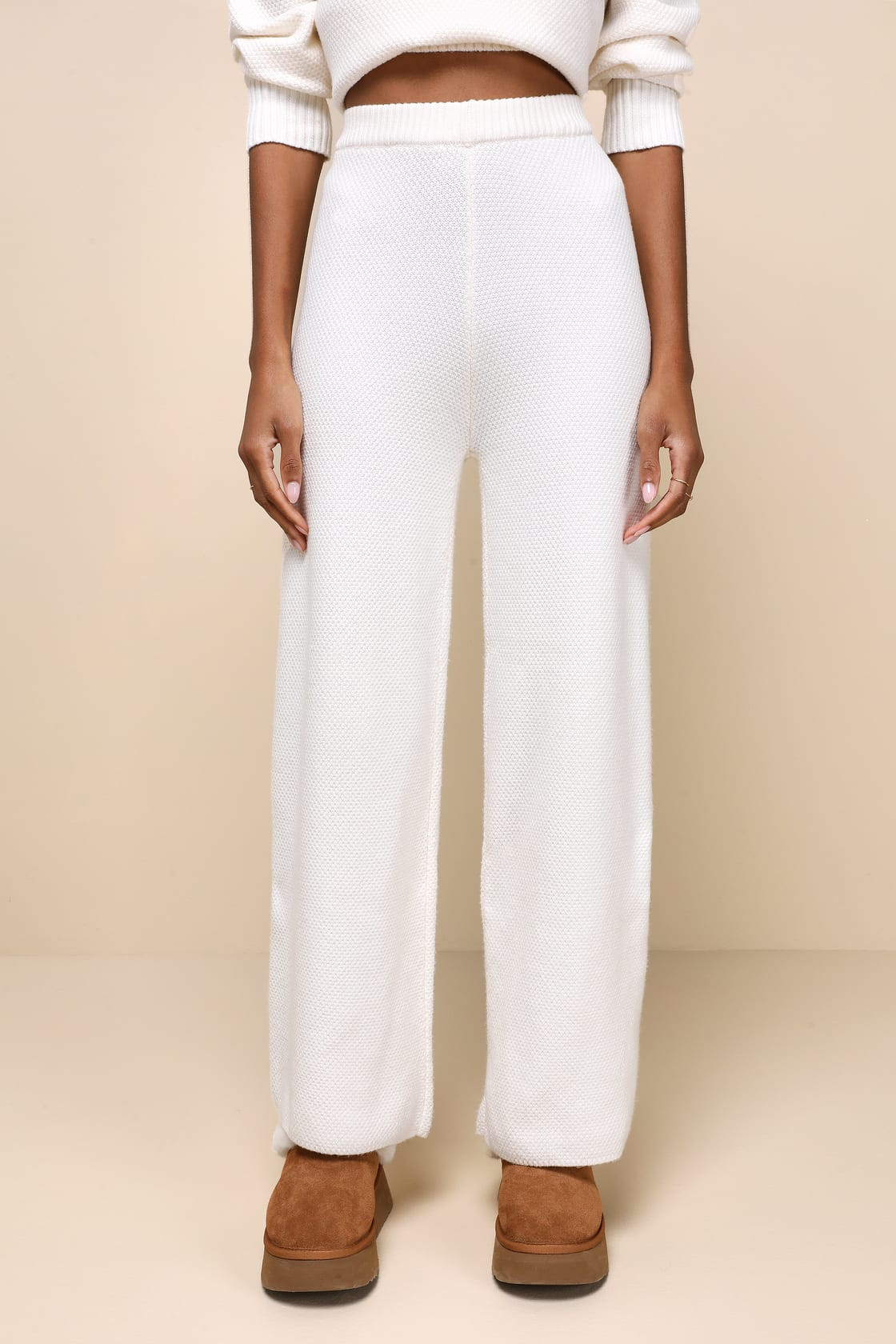 Luxurious Comfort Ivory Waffle Knit Wide-Leg Sweater Pants | Lulus