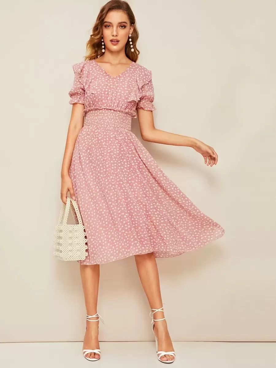 SHEIN Ruffle Trim Puff Sleeve Shirred Waist Dress | SHEIN