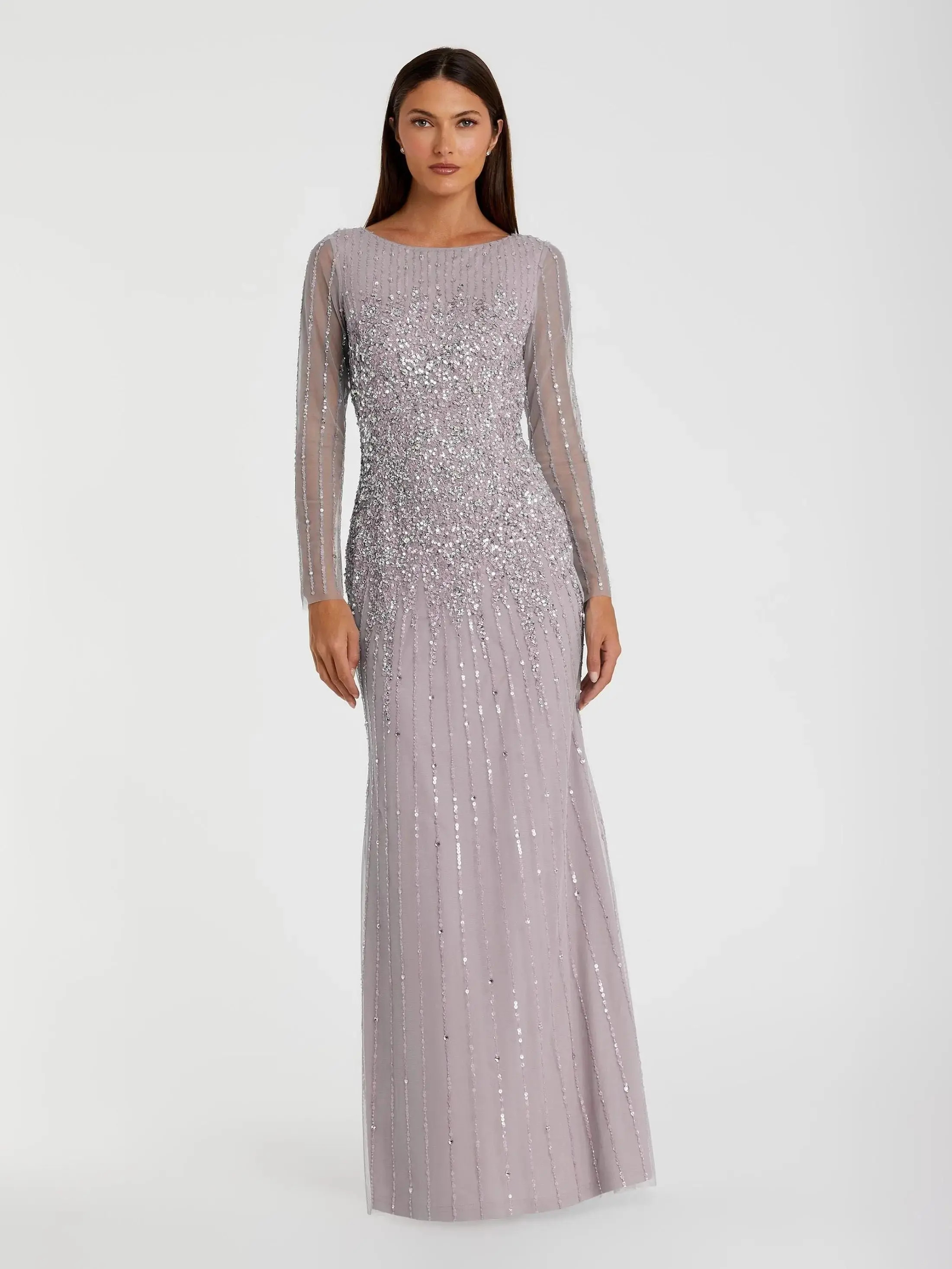 Purple Boat Neck Sequin Embellished Long Sleeve A Line Gown | Mac Duggal | Mac Duggal
