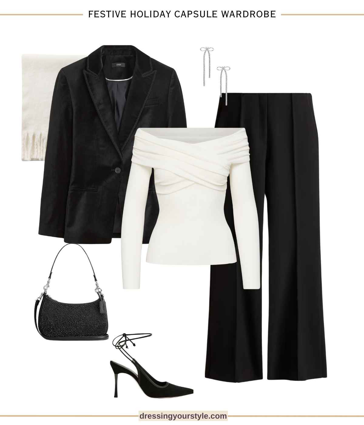 Black and white classy holiday outfit with black trousers, velvet blazer. Festival holiday office outfit  

#LTKSeasonal #LTKWorkwear #LTKHoliday