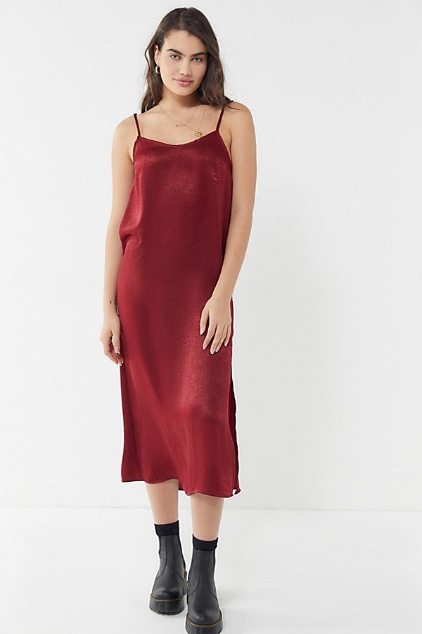 Urban Renewal Remnants Satin Side Slit Midi Slip Dress - Red XS at Urban Outfitters | Urban Outfitters (US and RoW)