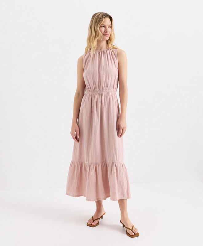 Women\u2019s Clearance Coastal Double Gauze Tiered Midi Dress made with Organic Cotton | Pact | Pact Apparel