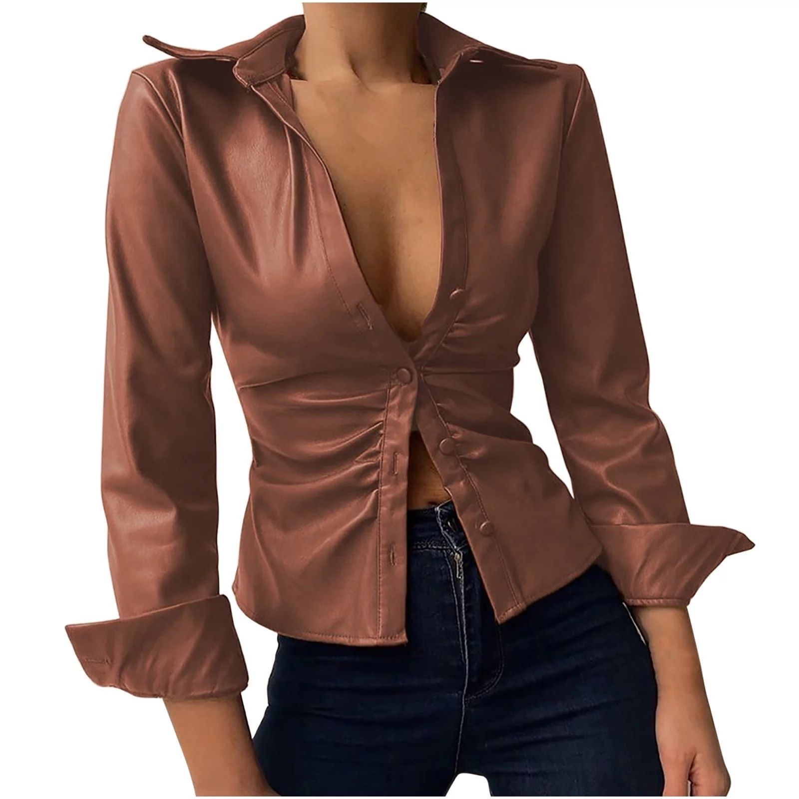 Women's Sexy Faux Leather Tshirt Tops Lapel Slim Fit Blouse Long Sleeve Button-Down Blouses Top f... | Walmart (US)