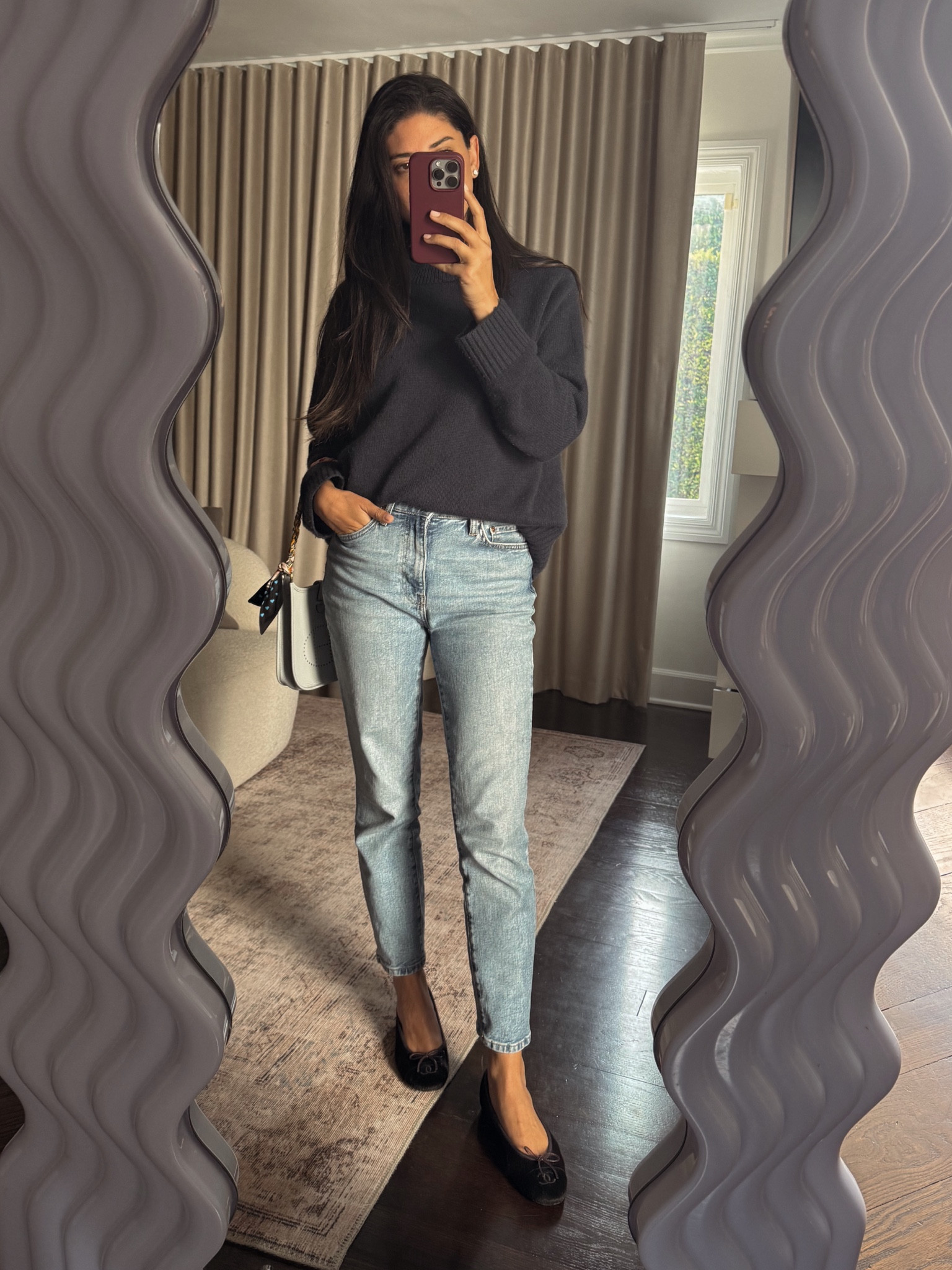 Cozy, casual fall outfit mixing high and low end pieces. Mango jeans, Jenni Kayne sweater, Hermes mini evelyne bag, Chanel pony hair flats (couldn’t find them to link but they’re newer so you can probably still get them.) 

#LTKFindsUnder100 #LTKStyleTip #LTKSeasonal