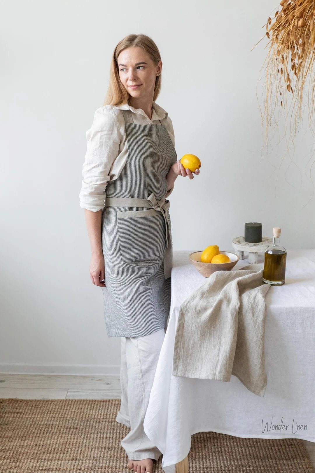 Linen Apron. Gray Striped Linen Full Apron With Pockets. Soft Linen Kitchen Apron for Women and M... | Etsy (US)