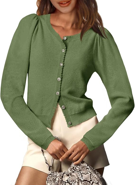Saodimallsu Womens Puff Long Sleeve Cardigan Sweaters Fall Button Down Lightweight Knit Crew Neck... | Amazon (US)