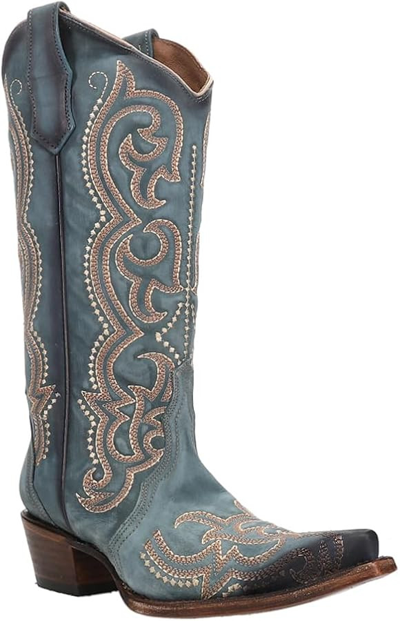 Corral Boots Womens Ld Blue Jean Embroidered Snip Toe Casual Boots Mid Calf Mid Heel 2-3" - Blue | Amazon (US)