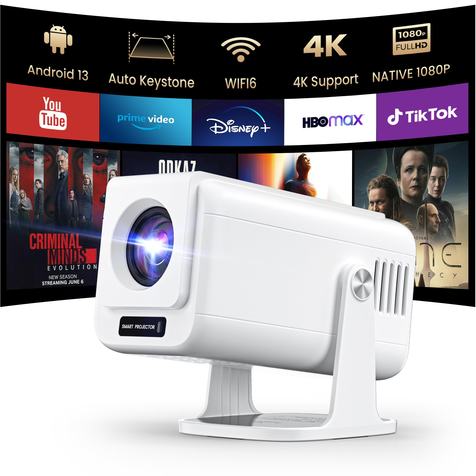 [Built-in Apps ] Mini 4K Projector with Wifi and Bluetooth, Native 1080P Smart Portable Movie Projector with 270°Rotatable Stand, Android 13 OS, Auto Keystone, Support Big Screen for Home Bedroom | Amazon (US)