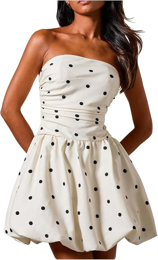 Floerns Women's Polka Dots Strapless Tube Dress Going Out Ruched Smocked Mini Dresses | Amazon (US)
