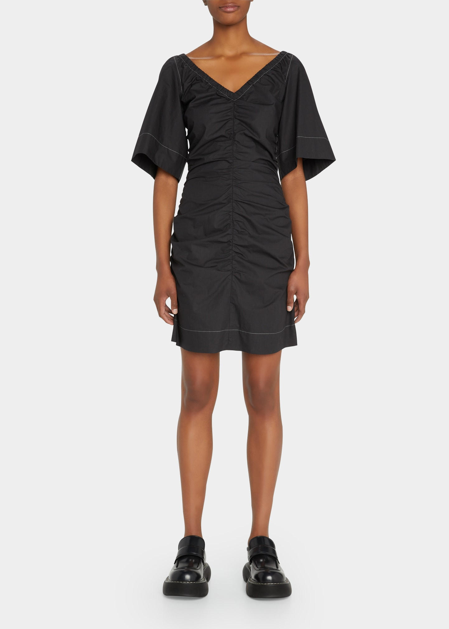 Poplin Front-Ruched V-Neck Mini Dress | Bergdorf Goodman