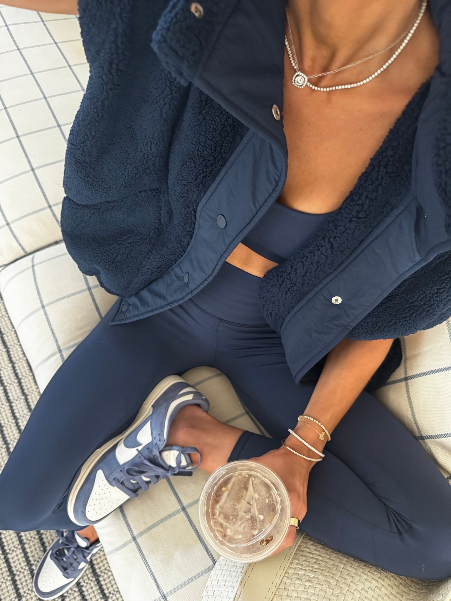 Vuori All The Feels set - wearing XS. Free people shearling vest - wearing XS. Nike Perry wrinkle dunks - wearing XS  