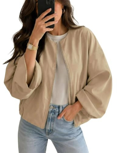 Omoone Womens Bubble Jacket Zip Up Collarless Batwing Sleeve Oversized Coat | Amazon (US)