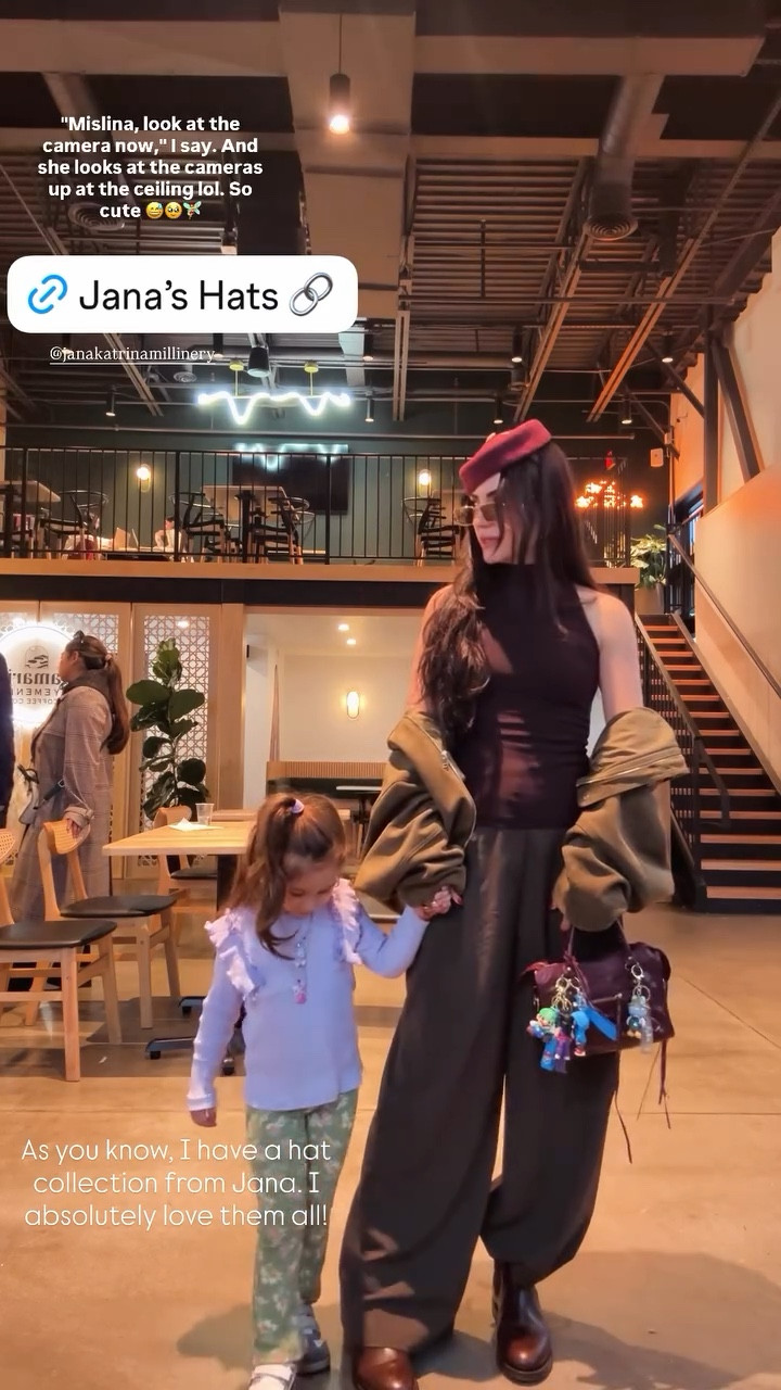 "Mislina, look at the camera now," I say. And she looks at the cameras up at the ceiling lol. So cute 😅🥹🧚‍♀️ As you know, I have a hat collection from Jana. I absolutely love them all! @janakatrinamillinery