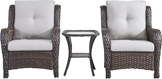 Patio Bistro Set Wicker Chairs - 3 Piece Outdoor Rattan Conversation Set with 2 Armrest Chair and... | Amazon (US)