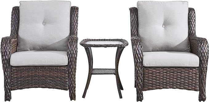 Patio Bistro Set Wicker Chairs - 3 Piece Outdoor Rattan Conversation Set with 2 Armrest Chair and... | Amazon (US)