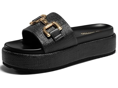 Coutgo Womens Platform Sandals Raffia Espadrilles Metal Chain Slip on Open Toe Cute Beach Slide Sandals | Amazon (US)