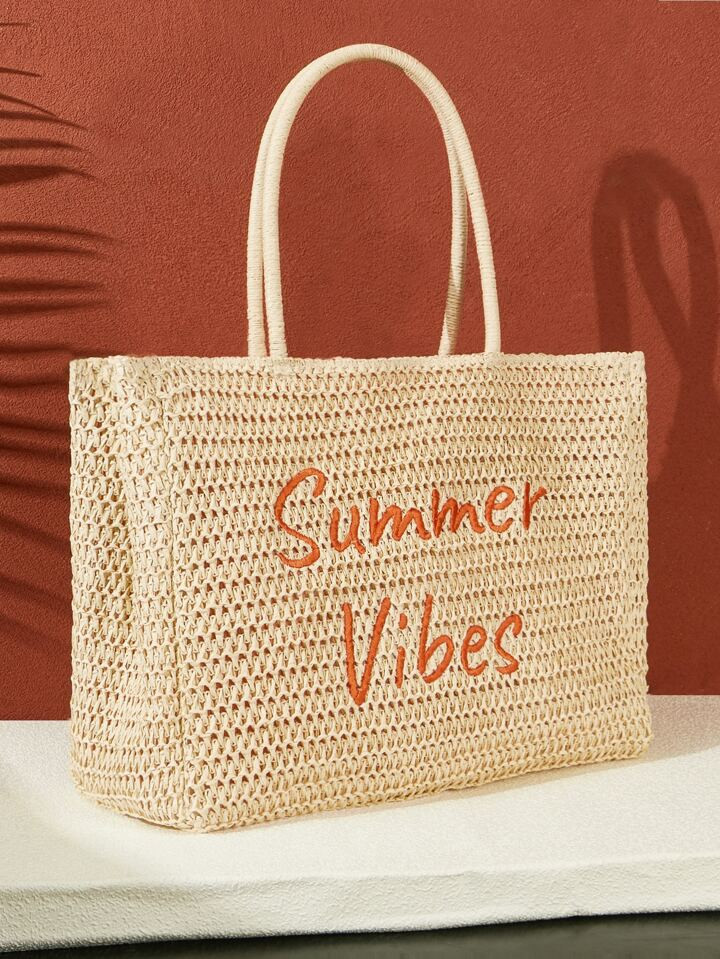 SHEIN VCAY Large Capacity Letter Graphic Straw Bag,Woven Bag,Perfect For Summer Beach Travel Vaca... | SHEIN