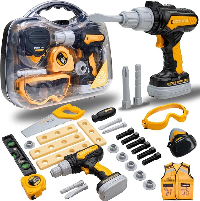 Kids Tool Set with Carrying Case, Electronic Toy Drill with Bits & Construction Vest – Pretend ... | Amazon (US)