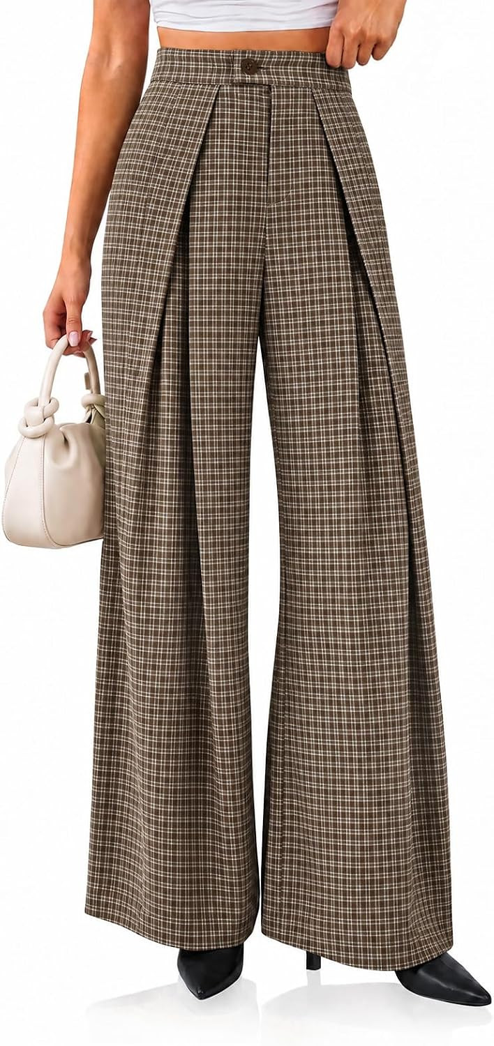 Cicy Bell Womens Wide Leg Gingham Pants Pleated High Waist Palazzo Pants | Amazon (US)