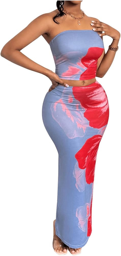 GORGLITTER Women's 2 Piece Floral Skirt Set Strapless Crop Tube Top and Bodycon Maxi Skirt Sets O... | Amazon (US)