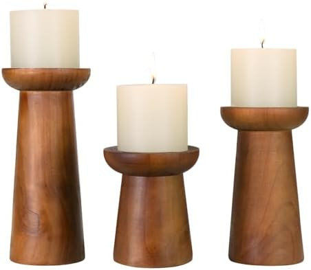 Pillar Candle Holders Set of 3， Wooden Candle Holders， Decorative Wood Candlestick Holders fo... | Amazon (US)