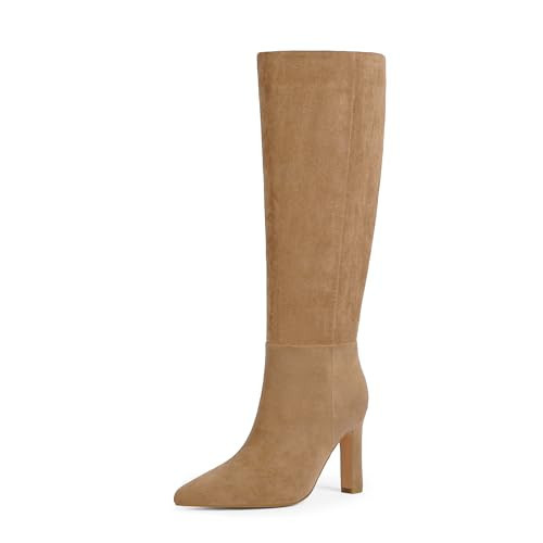 QIY Women Knee High Boots Tan Pointed Toe Tall Boots Block Chunky High Heeled Suede Boots for Women Knee High Boots Size 11 | Amazon (US)