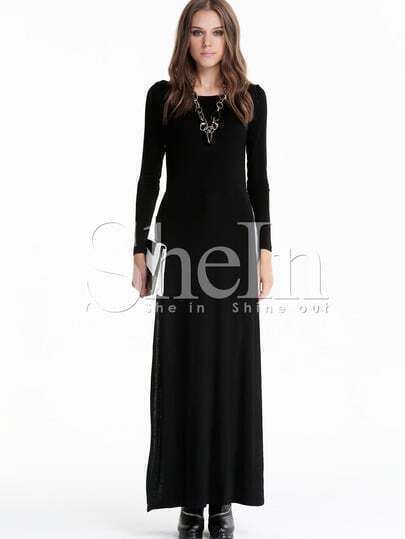 Black Long Sleeve Side Split Maxi Dress | SHEIN