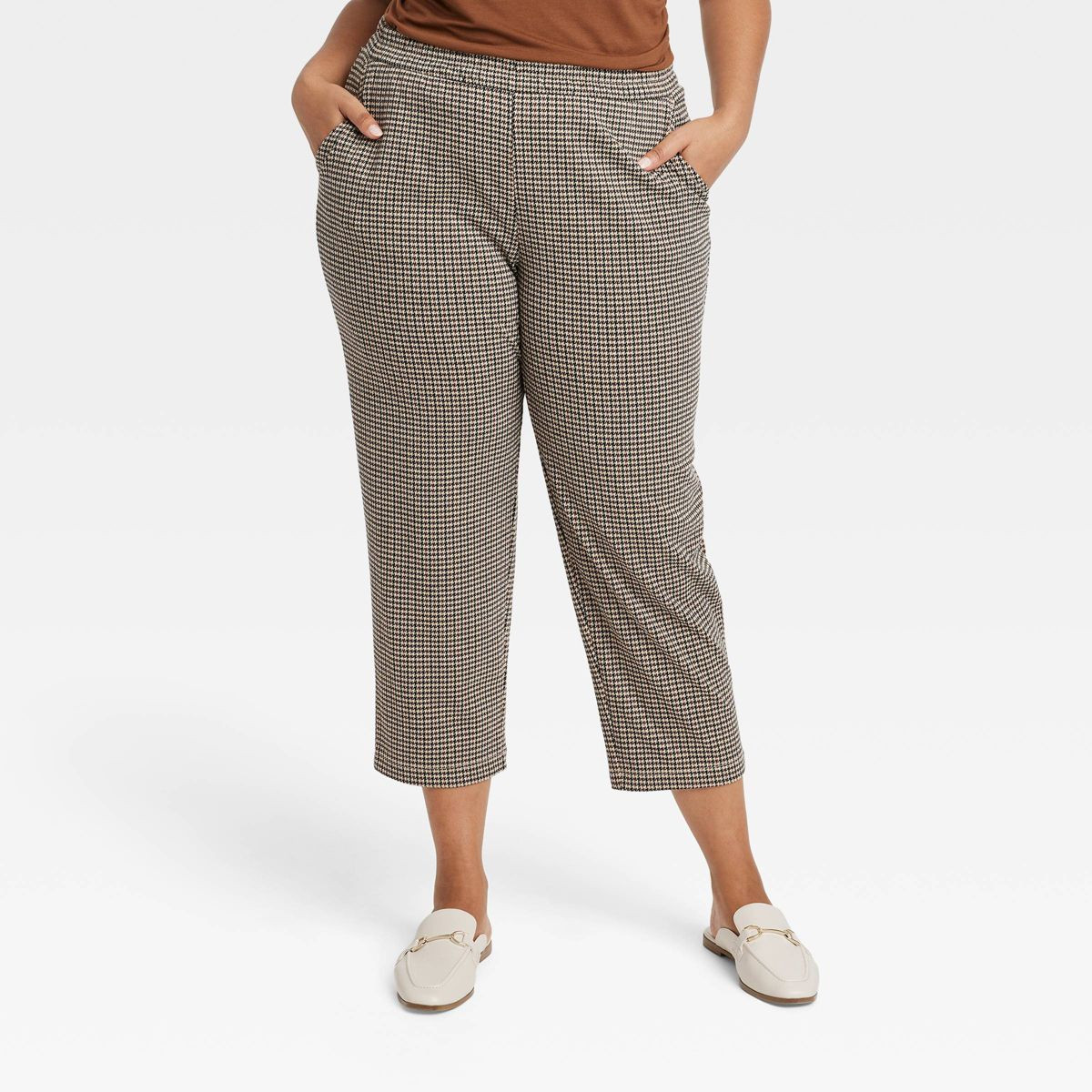 Women's High-Rise Regular Fit Tapered Ankle Knit Pants - A New Day™ Brown Houndstooth XXL | Target