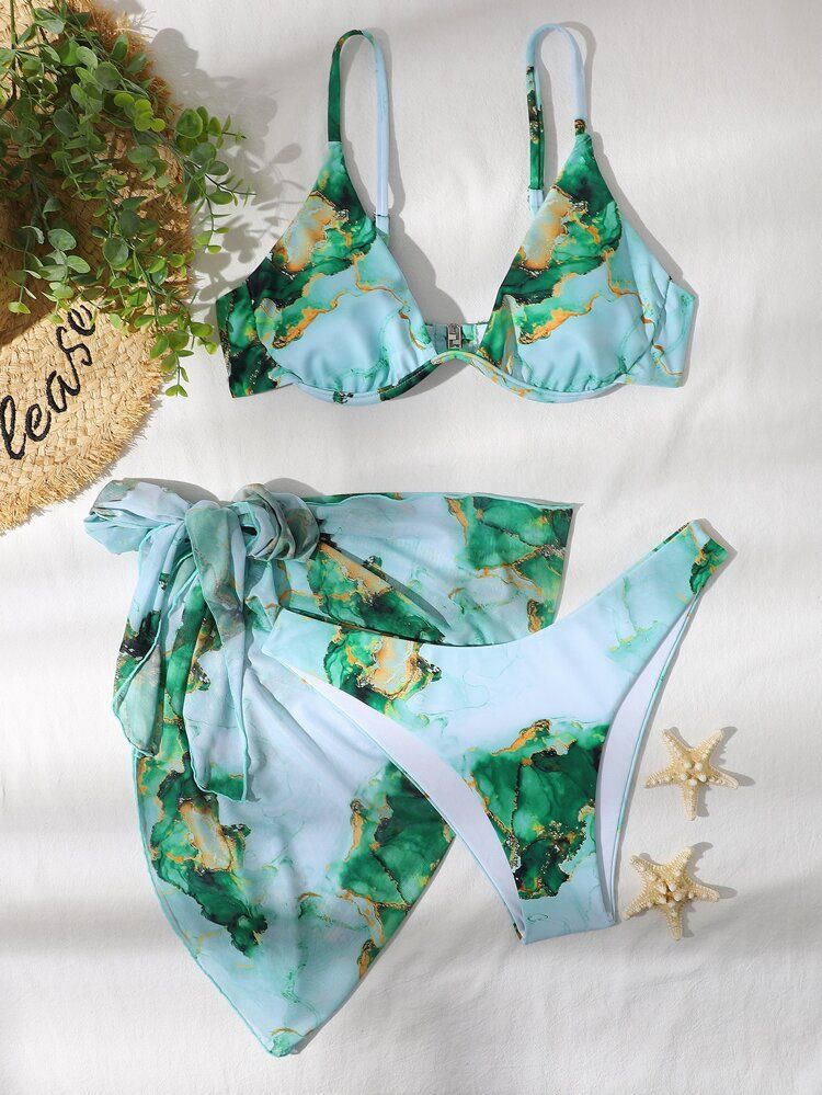 3pack Marble Print Underwire Bikini Swimsuit & Beach Skirt | SHEIN