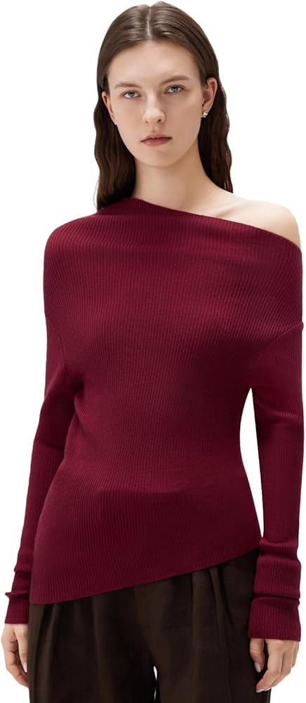 SUUKSESS Women Cashmere Off Shoulder Pullover Sweater Ribbed Knit Long Sleeve Shirts | Amazon (US)