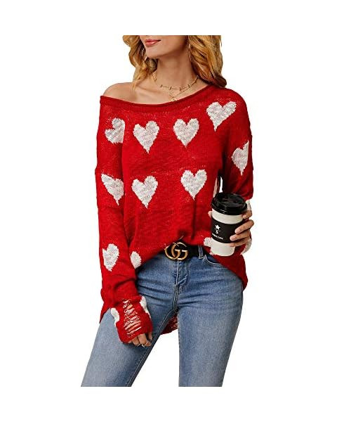 Tutorutor Womens Cute Love Heart Print Sweaters Oversized Off The Shoulder Loose Knitted Valentin... | Amazon (US)