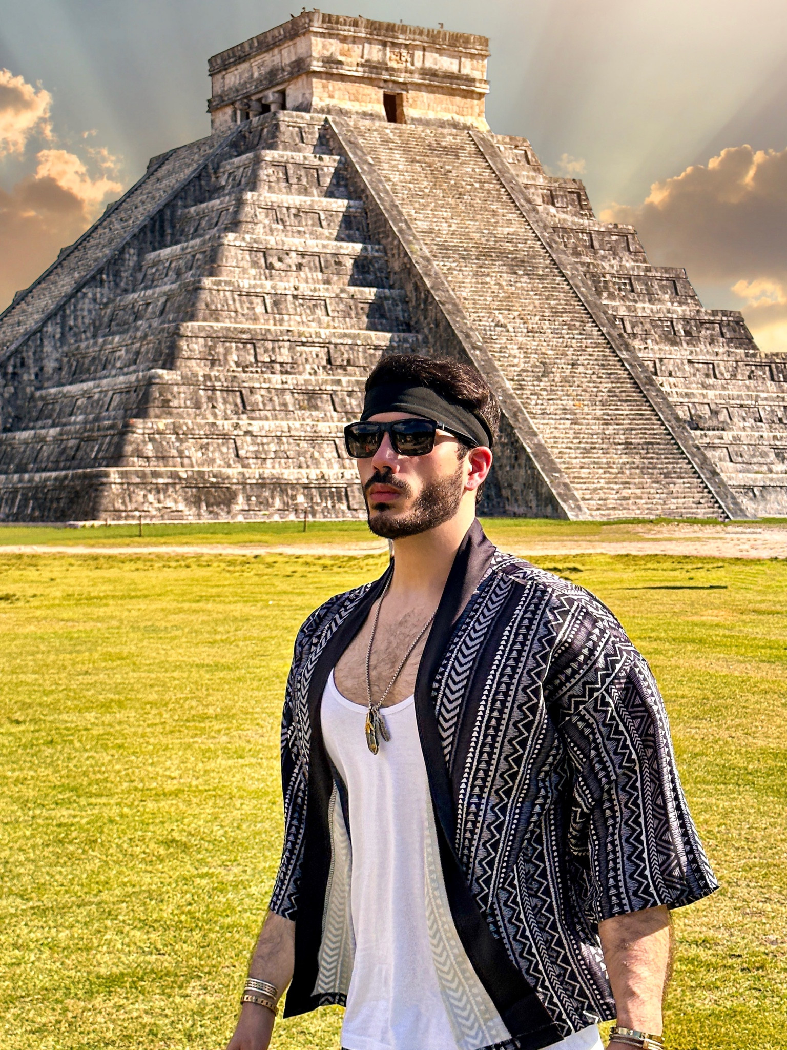 Tropical Casual Menswear / Geo Print Kimono & Shorts / Tropical Elegance / Men’s Summer Vacation Fit / Brown Barrel bag / Tulum Style / Geo Print Shirt

#LTKtravel #LTKmens #LTKunder50