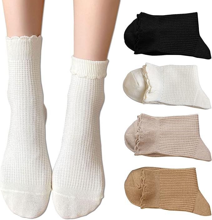 ZRYLIBYA Women Cute Ruffle Frilly Turn Cuff Ankle Socks Scalloped Pointelle Solid Casual Crew Soc... | Amazon (US)
