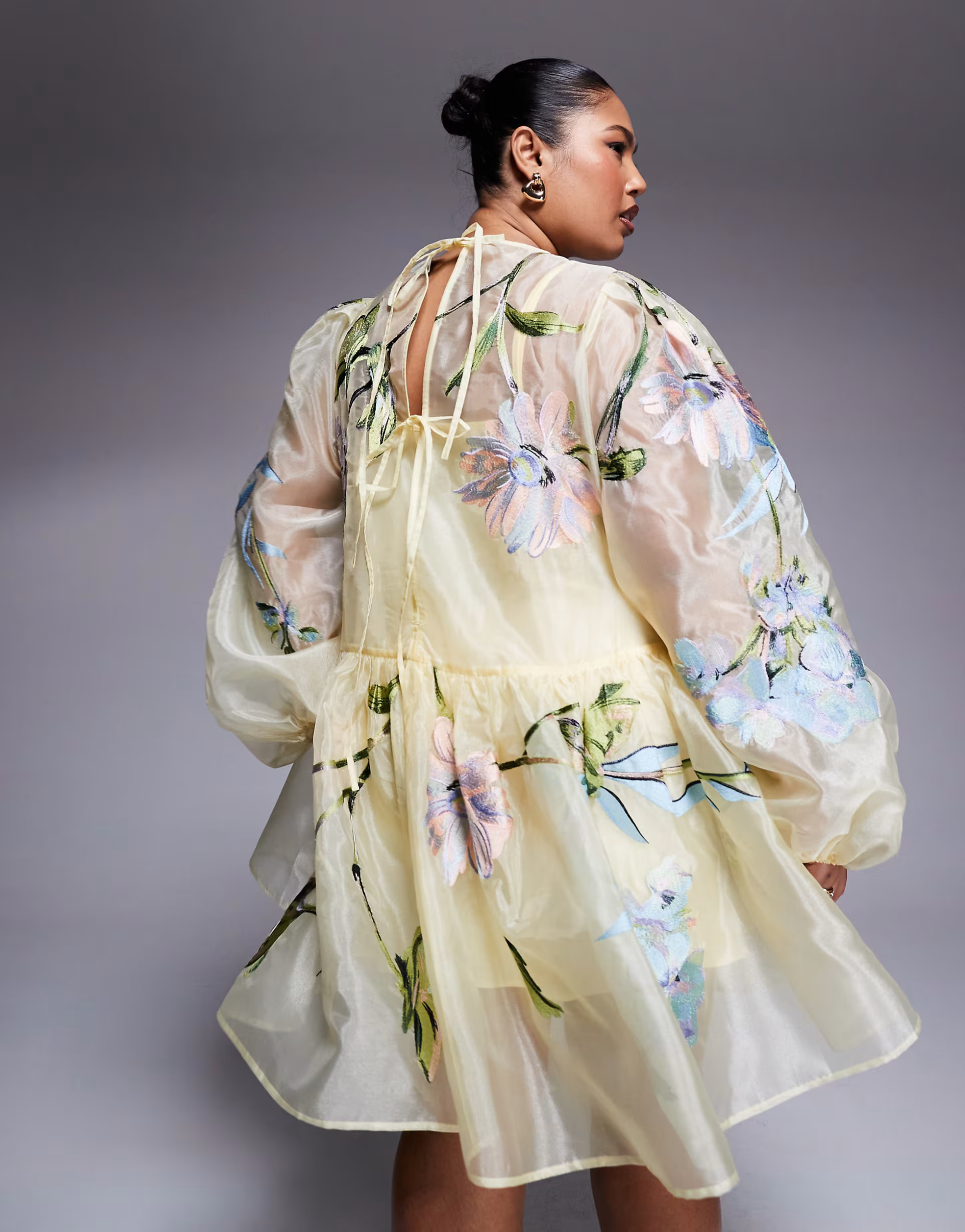 ASOS LUXE Curve oversized organza mini smock dress with floral embroidery in buttermilk - YELLOW ... | ASOS (Global)