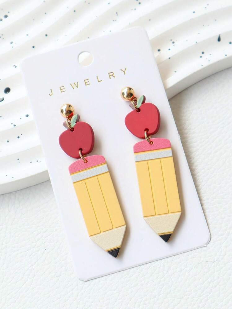 1 Pair Teachers' Day/Back To School/Graduation Acrylic Baked Enamel Apple & Pencil Shaped Cute Earrings, Creative Personalized Earrings For Holiday Party Gift | SHEIN