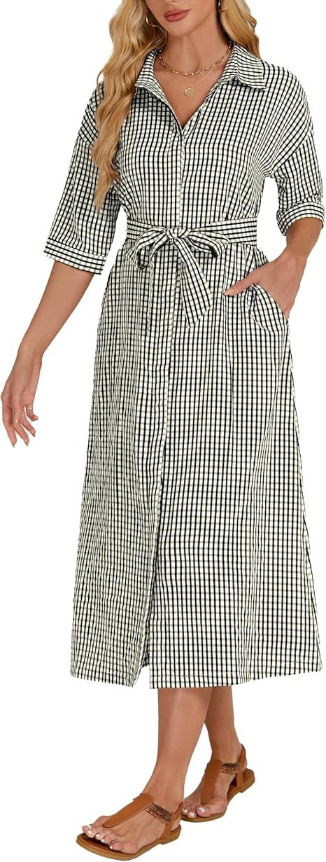 Women's 2026 Summer Gingham Maxi Dress Half Sleeve Casual Plaid Button Down Long Belted Shirt Dre... | Amazon (US)