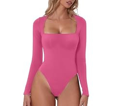QINSEN Women's Sexy Square Neck Bodysuit Long Sleeve Double Shirt Tops | Amazon (US)