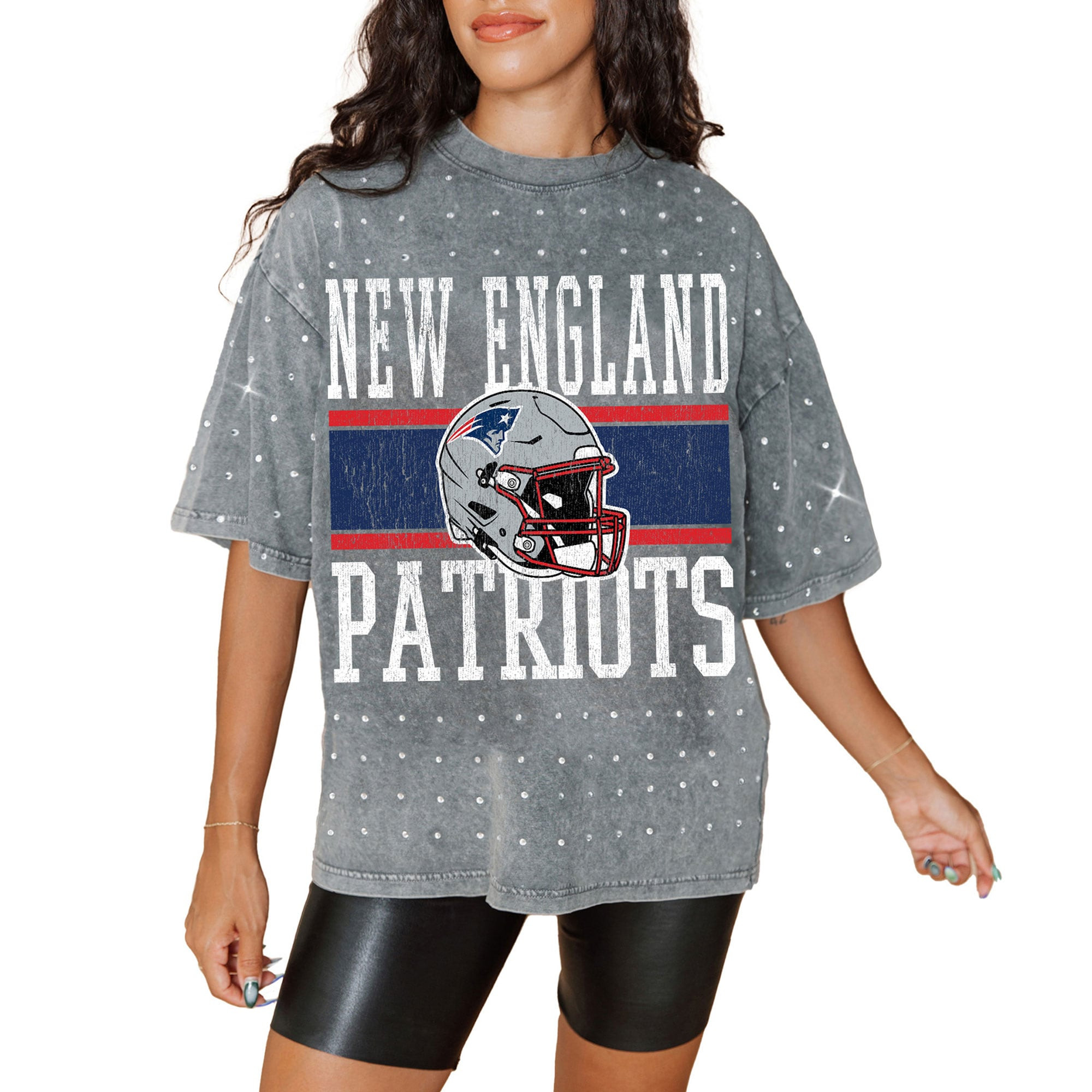 New England Patriots Gameday Couture Women's Oversized Mini Rhinestone Classic T-Shirt - Gray | Fanatics