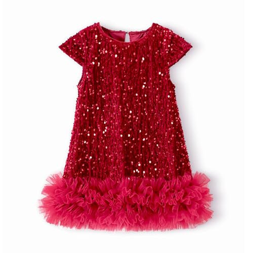 Miipat Toddler Girls Sequin Dress Sparkly Gown Party Dresses Little Kids A-Line Velvet Dress(Red,5-6Years) | Amazon (US)